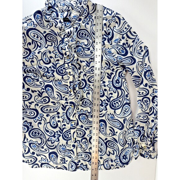 Talbots Shirt Womens Large Blue White Paisley Print Ruffle Button Up Cotton Top - Picture 11 of 14